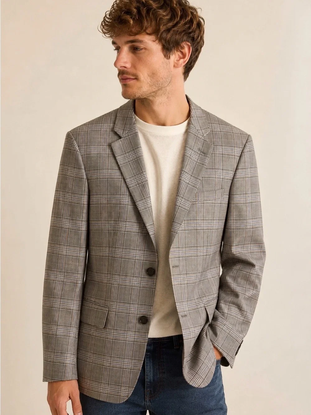 Nordstrom Marlane Fairway Brown Blue Glen Plaid Wool Blazer 46L
